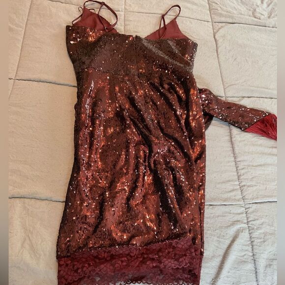 Dress the Population Red Sequined Fringe Lace Hem Cocktail Party Mini Dress Sz S - Picture 4 of 5